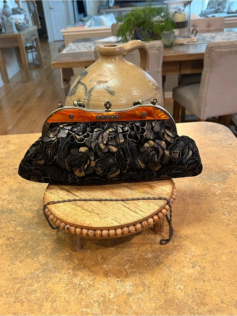 Vintage Floral Black Evening Clutch with Amber Accent